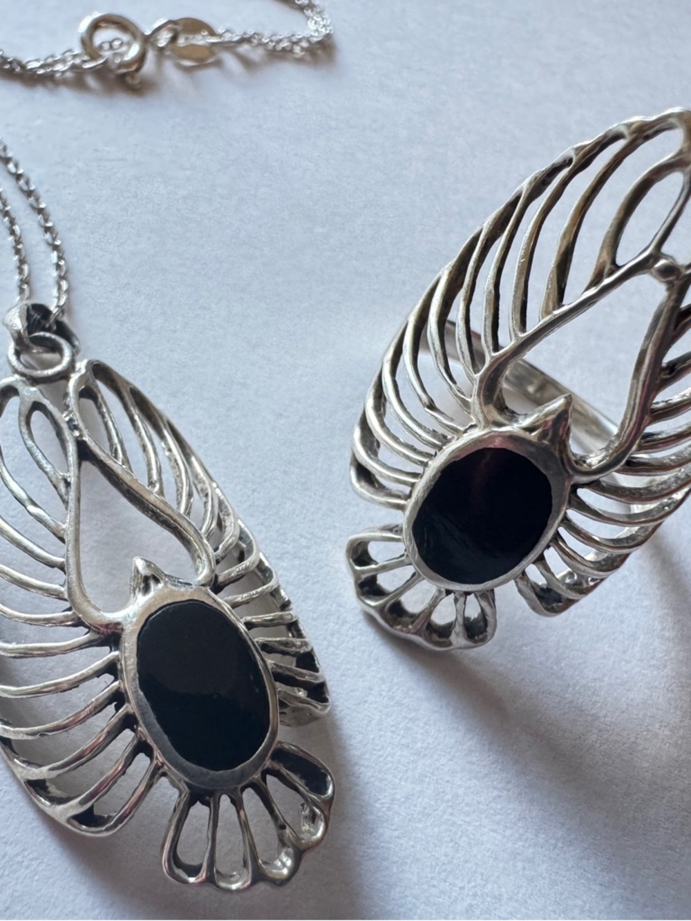 Sterling Silver Black Onyx Wing Pendant Necklace and Ring Set